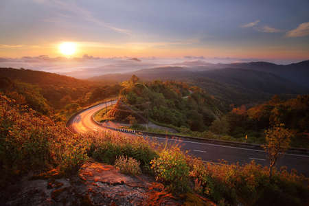 Beautiful scenery during sunrise time of Doi Tigers Head view point at Doi Inthanon National park,Chiang Mai,Thailand is a very popular for photographers and tourists. Attractions and natural Conceptの写真素材
