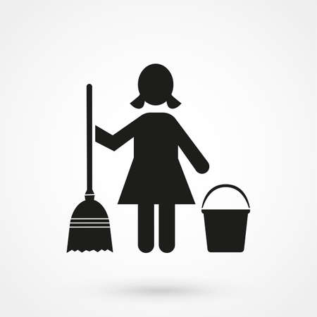 Cleaner girl silhouette holding a soft broom and a pail.のイラスト素材