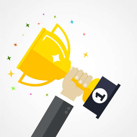 Business goal achievement vector concept, flat style happy successful businessman holding golden cup award in hand, leadership idea, first place prize victory, competition winnerのイラスト素材