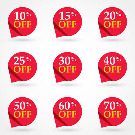 Sale tags set vector badges template, 10 off, 15 %, 20, 25, 30, 40, 50, 60, 70 percent sale label symbols, discount promotion flat icon with long shadow, clearance sale sticker emblem red rosetteのイラスト素材