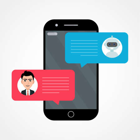 Man person chatting on cellphone with chat bot .のイラスト素材