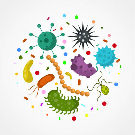 Bacterial microorganism in a circle isolated on white background. Flat style. Stock vector illustration of different germs, primitive organisms.のイラスト素材