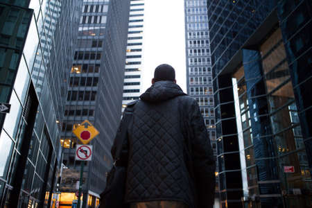 Back view of young African American professional in the city, photographed in NYC in Novemberの写真素材