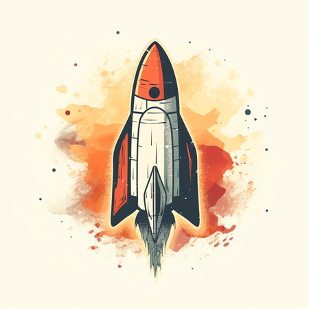 Space rocket. Hand drawn vector illustration isolated on watercolor background.の素材