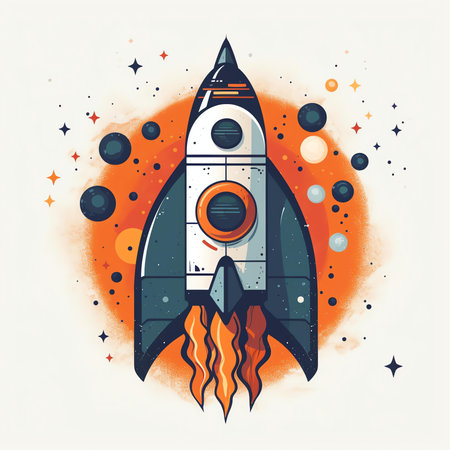 Space rocket on colorful background. Hand drawn vector illustration in vintage style.の素材