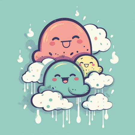 Cute cartoon monster with cloud. Vector illustration. Kawaii character.の素材