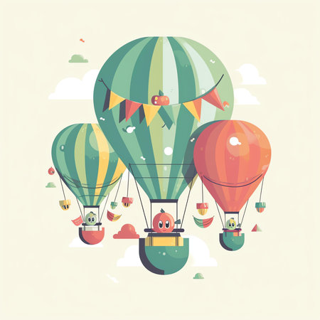 Hot air balloons flying in the sky. Vector illustration in flat style.の素材