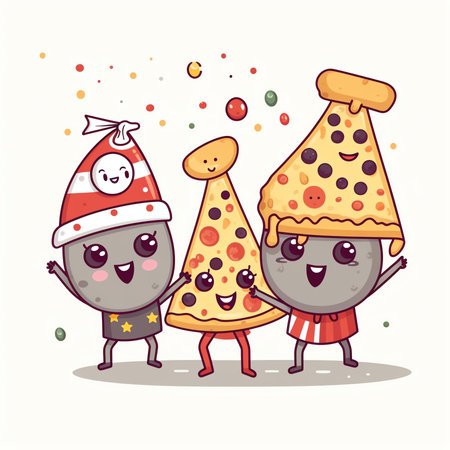 Cute couple of pizza characters in Christmas hats. Vector illustration.の素材