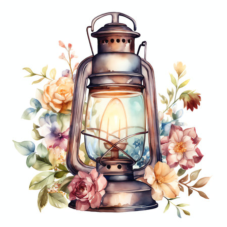 Watercolor vintage lantern with flowers. Hand drawn illustration isolated on white backgroundの素材