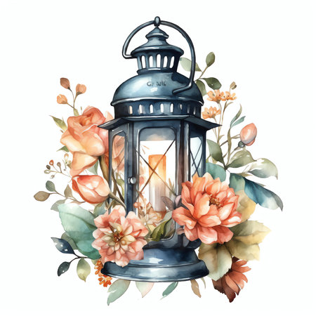 Watercolor vintage lantern with flowers. Hand painted illustration isolated on white backgroundの素材