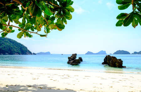 View from white sandy beach  and tropical seaの写真素材