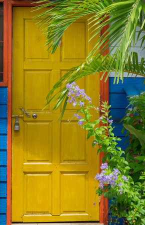Closed traditional wooden yellow door and tree with flowersの写真素材