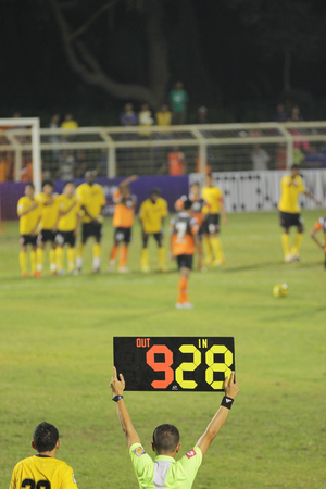 JOHOR BAHRU - JANUARY 14 ; Negeri Sembilan prepares a subsituition during a Malaysian Super League match between Johor FC and Negeri Sembilan at JCorp Stadium in Pasir Gudang on January 14th 2012  のeditorial素材