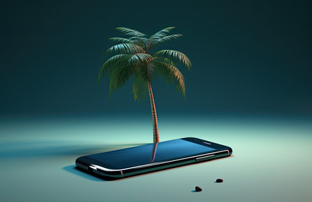 Mobile phone on a beach island, concept of beach vacation.の素材