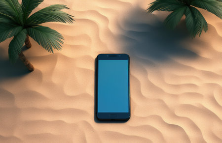 Mobile phone on a beach island, concept of beach vacation.の素材