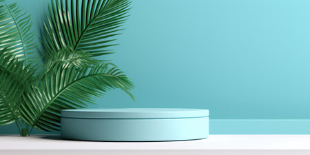 Green palm plant on a pedestal and blue, in the style of circular shapes, minimalist stage designs. There is space to place products.の素材
