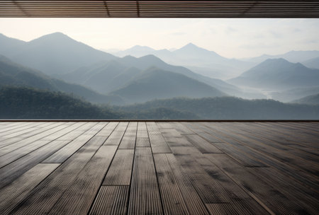 Wooden flooring in the afternoon fog with a mountain view.の素材
