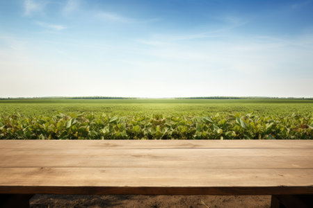 Empty rustic top wood table at gripening soybean field, There is space to place products.の素材