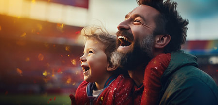 Man with a beard and a child watching to the football game.の素材