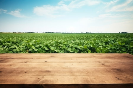 Empty rustic top wood table at gripening soybean field, There is space to place products.の素材