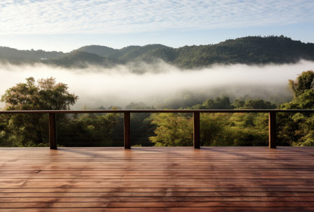 Empty deck overlooking fogcovered countryside.の素材