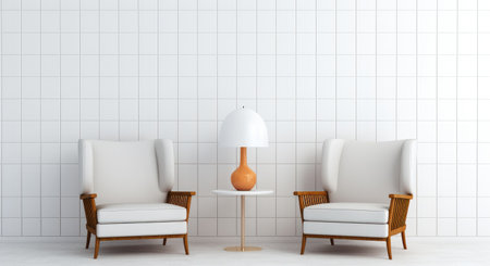 Two white chairs and lamp in a room with white walls.の素材