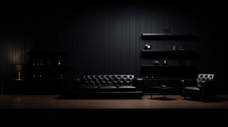 Black furniture, in the style of minimalist backgrounds.の素材