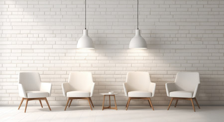 Four white chairs in front of a white brick wall, in the style of minimalist.の素材