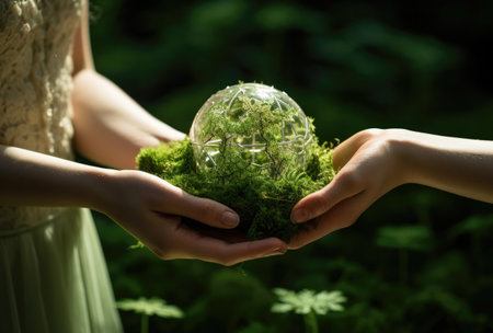 Hands holding a mossy green ball, in the style of collaborative activism.の素材
