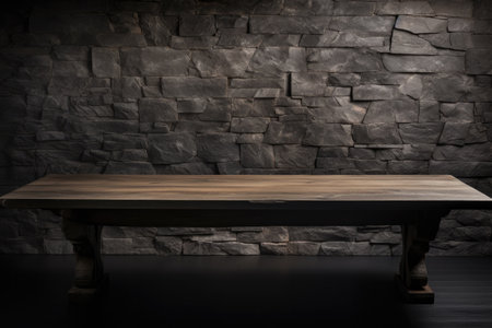 Wooden table next to a brick wall, in the style of dark gray, There is space to place products.の素材