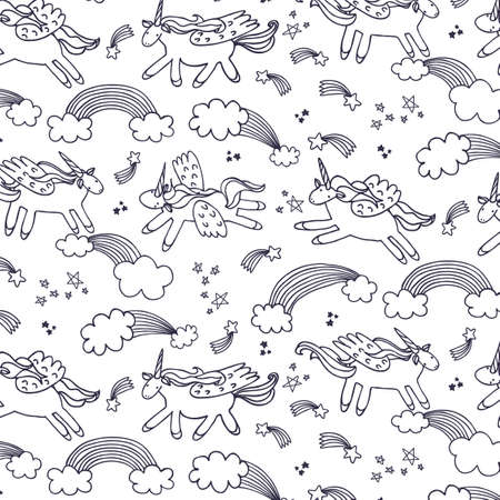 wonderland unicorn stars ice cream vector line patternのイラスト素材
