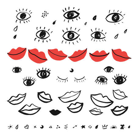 set with hand drawn eyes and red lips.のイラスト素材