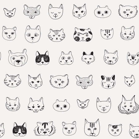 Cats faces doodle vector seamless pattern.のイラスト素材