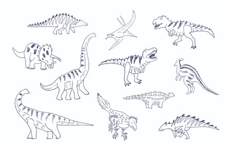 Dinosaurs with flowers vector doodle illustrations setのイラスト素材