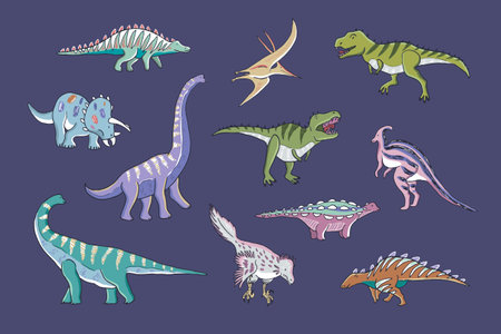 Dinosaurs with flowers vector doodle illustrations setのイラスト素材