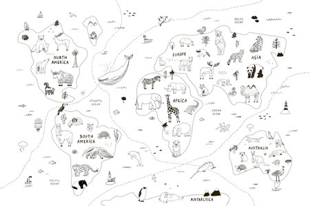 Animals world map vector poster illustrations set.のイラスト素材