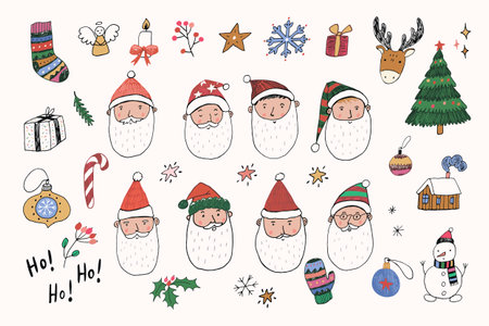Hand drawn Christmas doodles and Santa faces variations. Vector illustration for your design.のイラスト素材