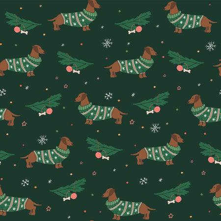 Seamless pattern with dachshund and Christmas tree.のイラスト素材