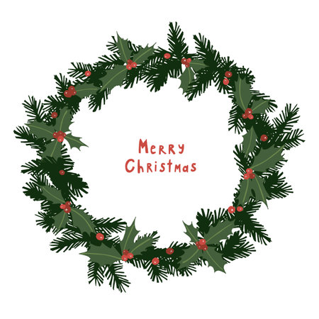 Christmas wreath with holly and mistletoe. Vector illustration.のイラスト素材