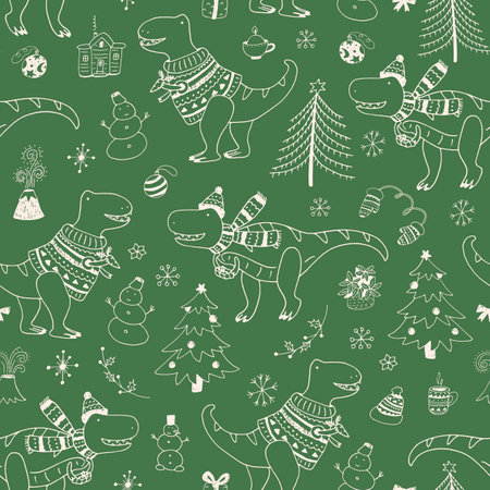 Seamless pattern with hand drawn Christmas dinosaurs. Vector illustration.のイラスト素材