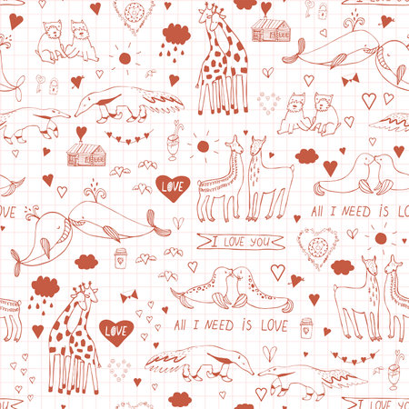 Seamless pattern with cute hand drawn giraffes. Vector Valentine's day illustration.のイラスト素材