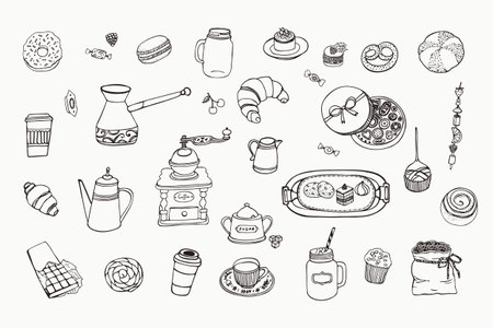 Coffee and sweets doodle set. Vector illustration.のイラスト素材