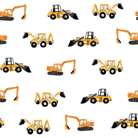 Seamless pattern of yellow excavators on a white background.のイラスト素材
