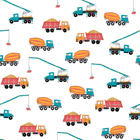Seamless pattern with construction machinery. Cement mixer truck.のイラスト素材
