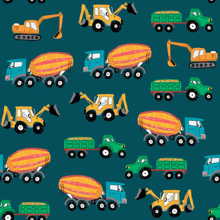 Seamless pattern with construction equipment. Cement mixer truck.のイラスト素材