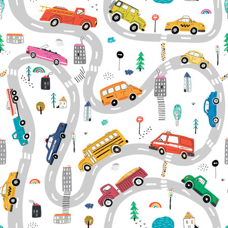 Seamless pattern with cartoon cars on the road. Vector illustrationのイラスト素材