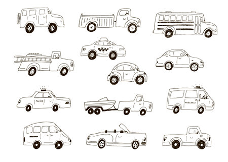 Collection of different cars in doodle style. Vector illustration.のイラスト素材