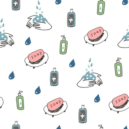 Seamless pattern with hand sanitizer, soap and shampoo. Vector illustration.のイラスト素材