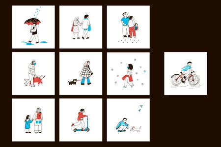Set of illustrations with people and dogs in different situations with medical masks. Flat design.のイラスト素材