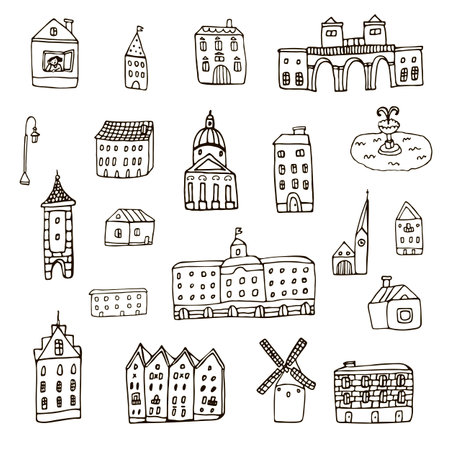 Collection of hand drawn doodle houses and streets. Vector illustration.のイラスト素材